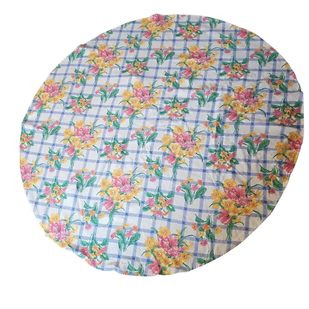 Yellow Pink Geen Floral Check Round Tablecloth